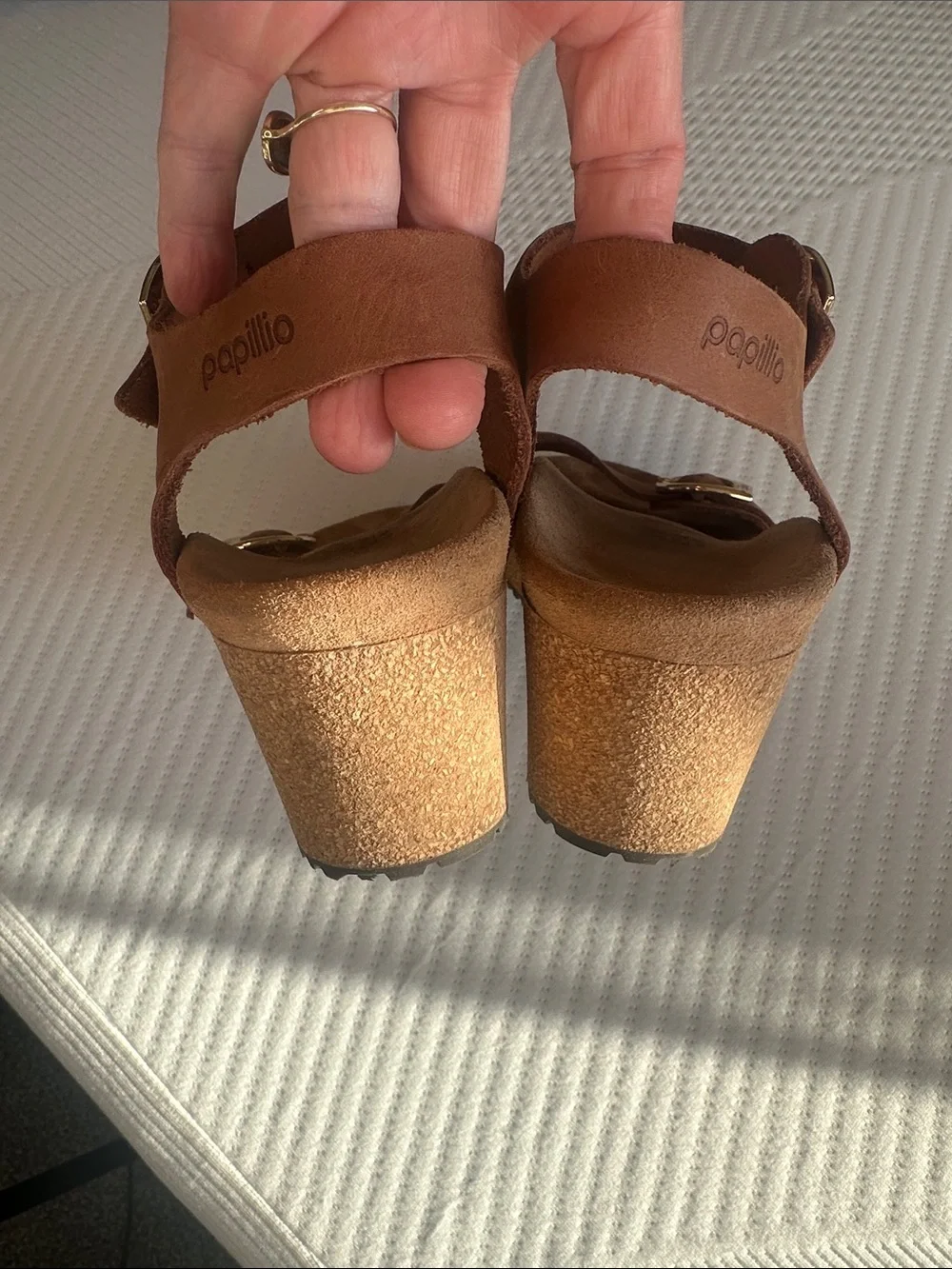 Birkenstock Papillio Cognac-arrow Smokey Ring Buckle Cork Wedge Sandal